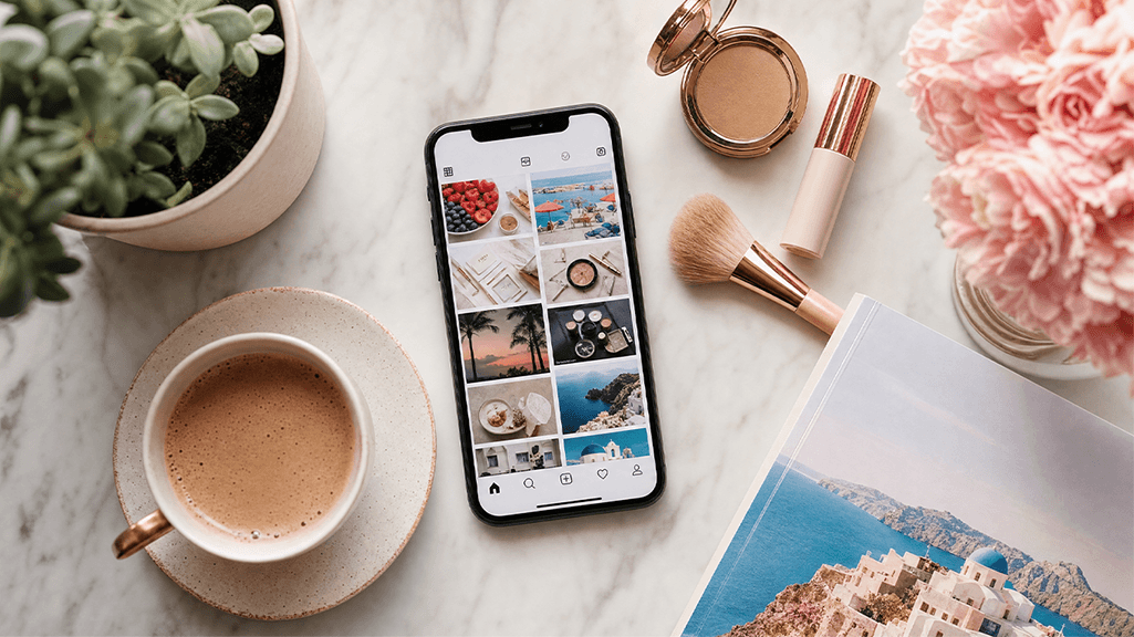 スマートフォンにSNSのフィード画面を表示し、コーヒーやコスメ、旅行ガイドブック、花を並べたフラットレイ。REDアプリとはどんな中国発SNSかを表すイメージ