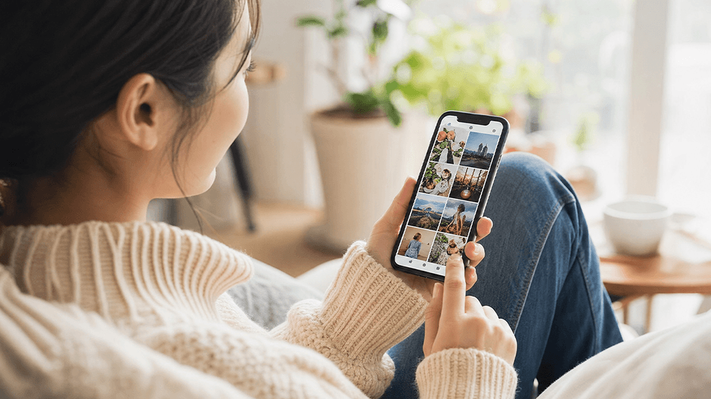 ソファでくつろぎながらスマートフォンでSNSのフィードを閲覧する日本人。REDアプリの基本的な使い方のイメージ