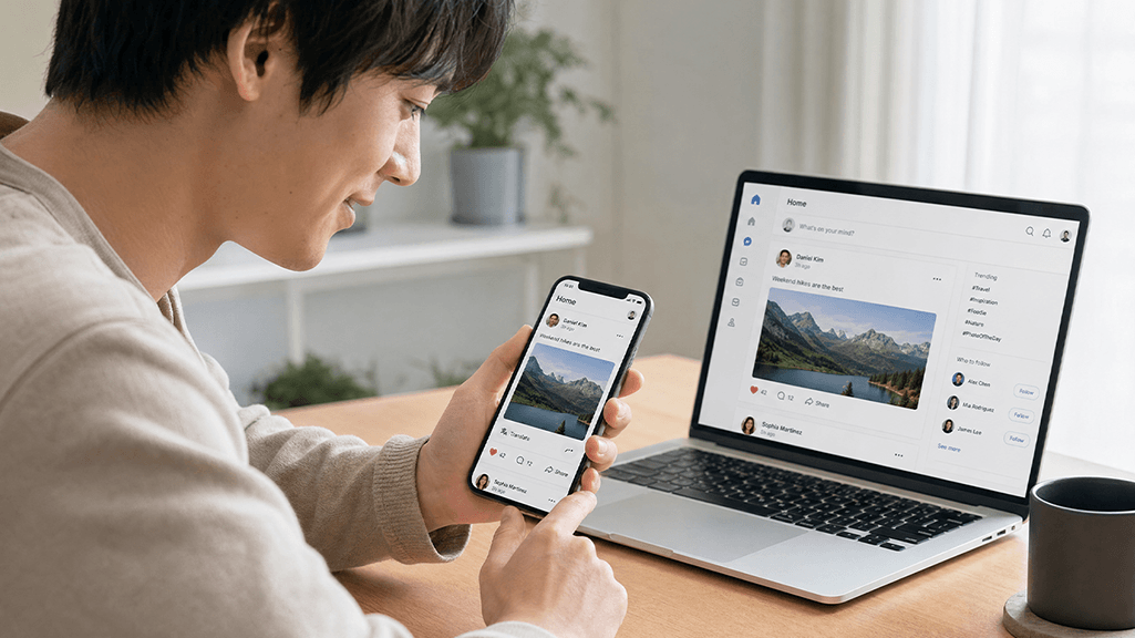 デスクでスマートフォンとノートパソコンを使い、投稿の翻訳を確認する日本人。REDを日本語で使うイメージ