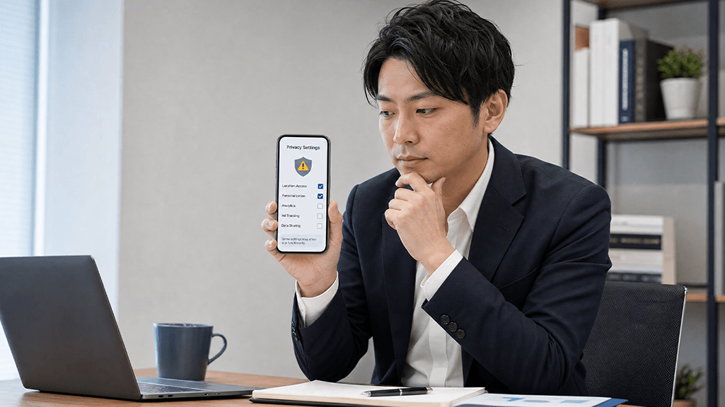 スマートフォンの設定・チェックリスト画面を慎重に確認する日本人ビジネスパーソン。REDアプリを利用する際の注意点のイメージ