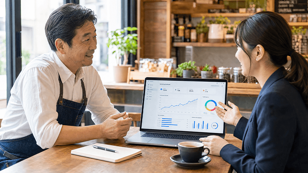 ノートパソコンの分析ダッシュボードを見ながらREDアプリで集客する戦略を相談する店舗オーナーと担当者