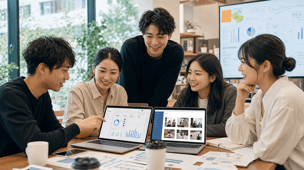 明るいオフィスで分析画面を見ながら協力する日本人と中国人の制作チーム。日中ハイブリッドでREDアプリの運用代行を支援するイメージ