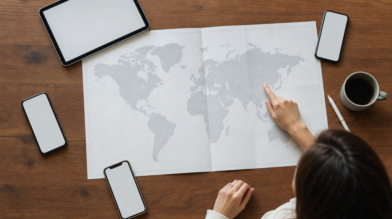 国別のインバウンド集客アプローチを表す世界地図とSNSアイコンのイメージ
