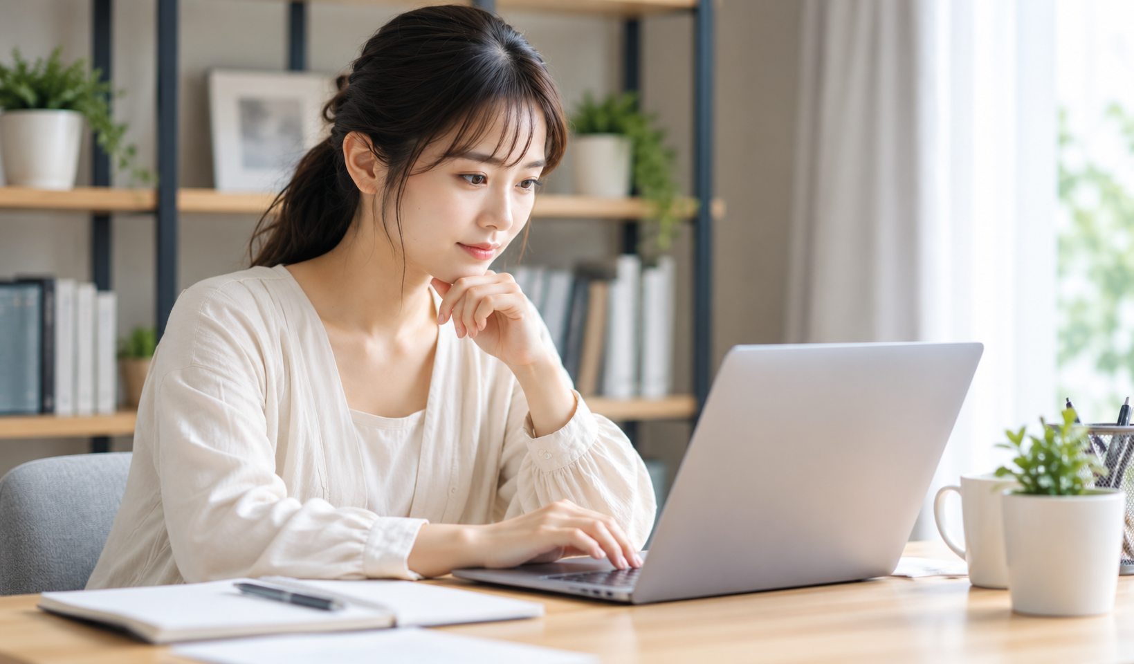 中国の禁止ワードについてノートパソコンで調べる女性