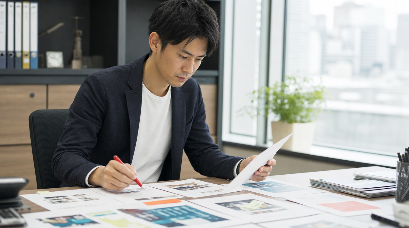 禁止ワードの種類を確認しながら広告コピーをチェックする男性