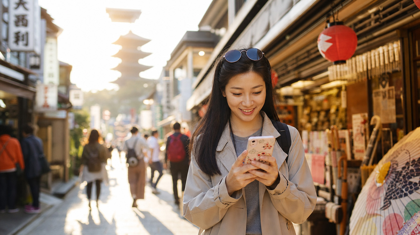 日本の商店街でスマートフォンを見ながらインバウンド集客のSNS情報を調べる中国人観光客