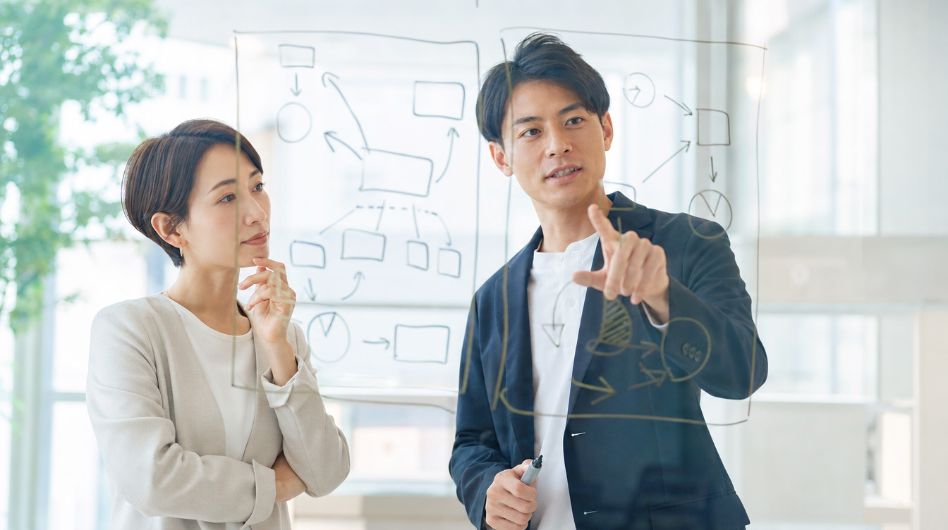 小紅書の運用代行の業務範囲を打ち合わせる日本人と中国人のマーケティング担当者