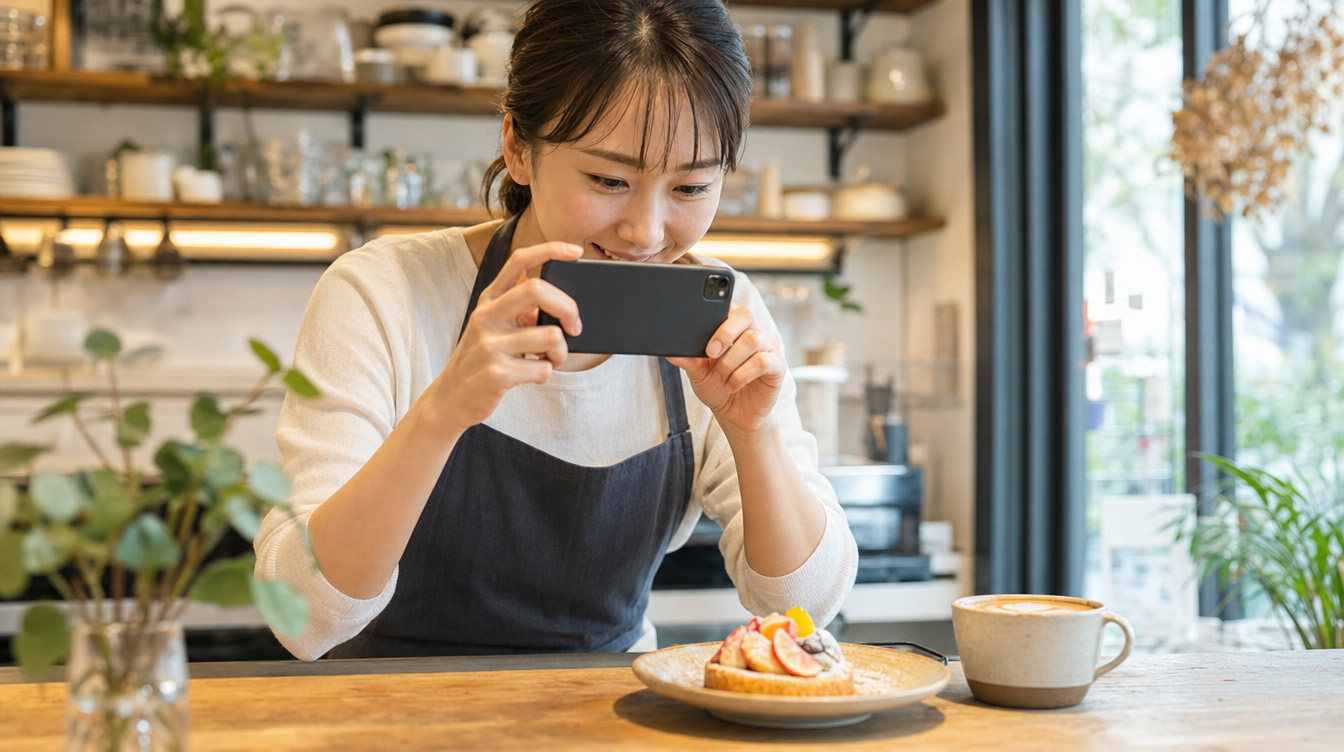業種別に異なる小紅書の活用方法を象徴するカフェ店内の撮影シーン