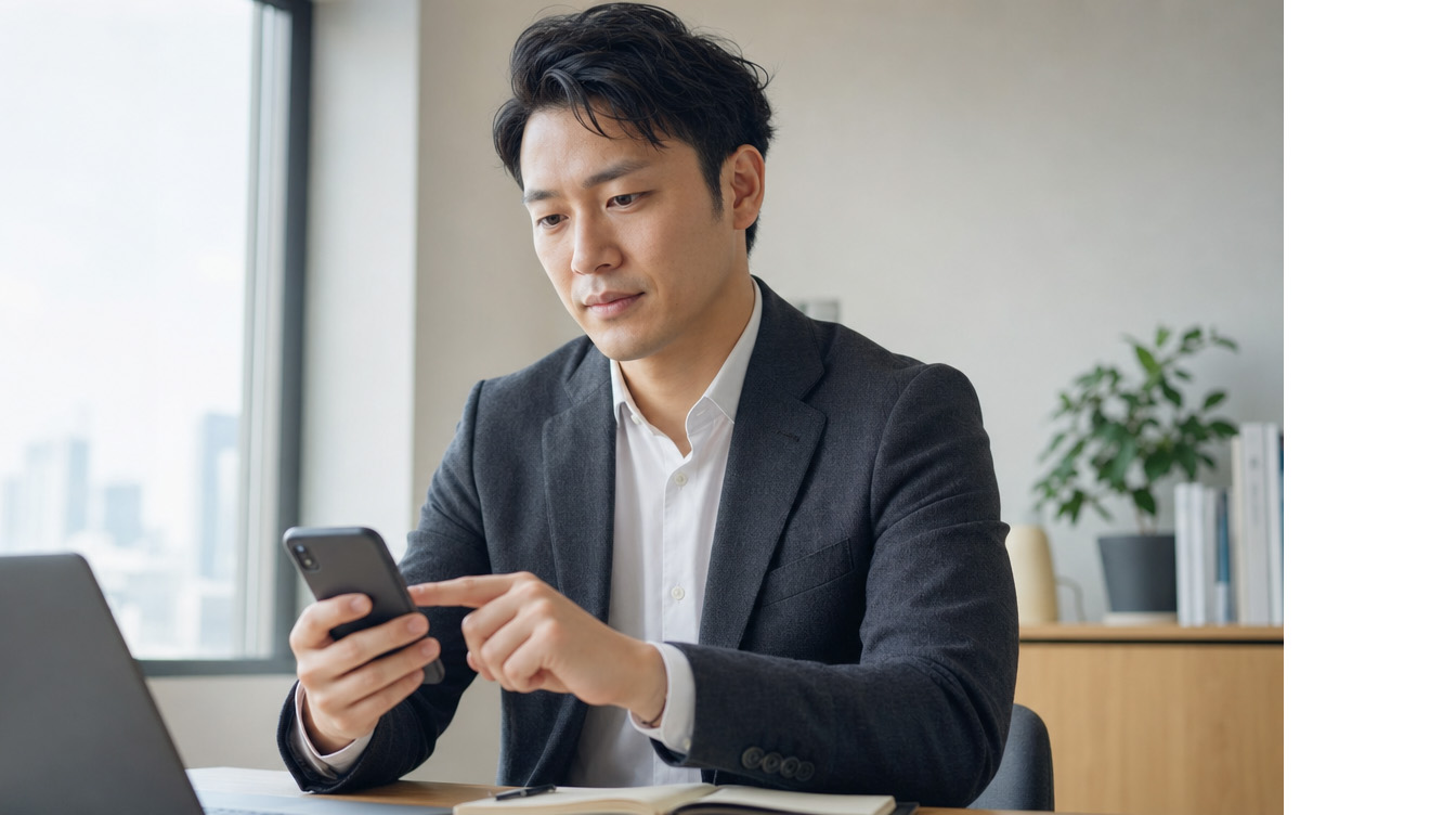 小紅書の企業アカウントの作り方をスマートフォンで確認するビジネスパーソン