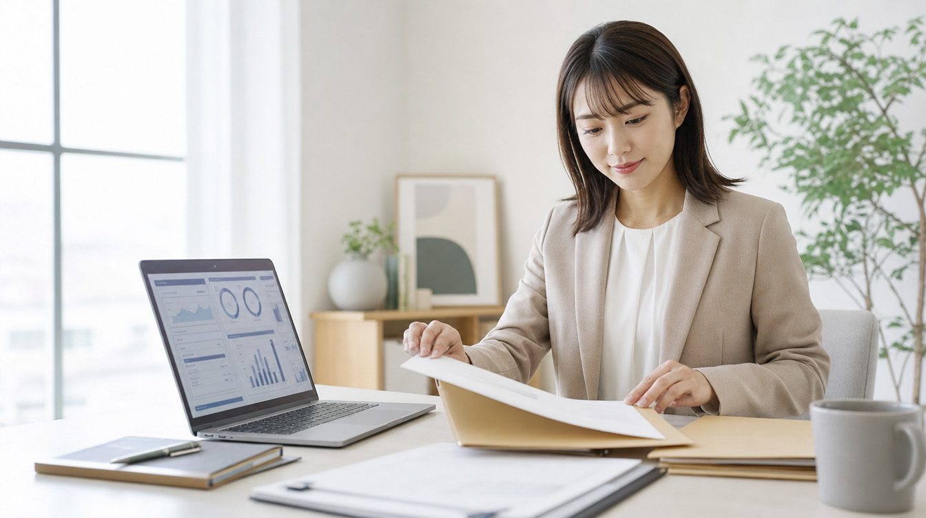 小紅書のECショップ開設のやり方を確認しながら申請書類を準備する女性