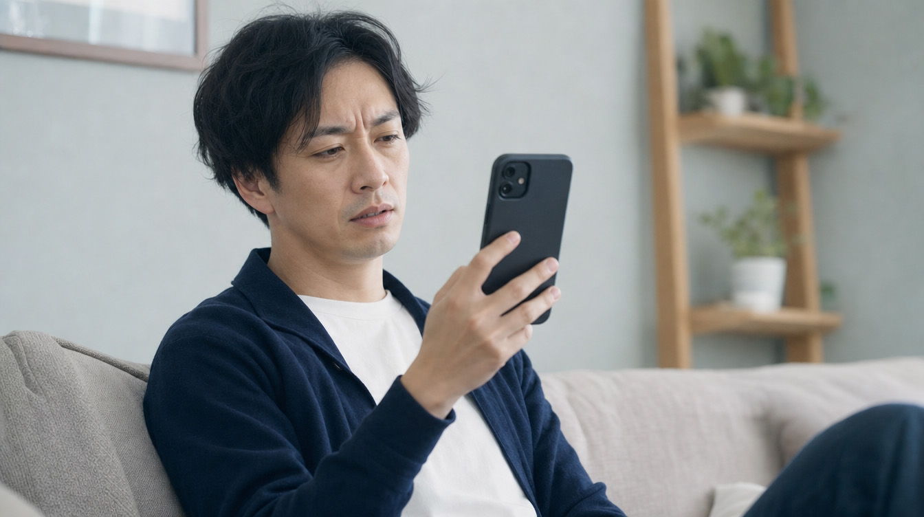 小紅書で投稿が伸びない原因を自分の投稿を見返して確認する男性