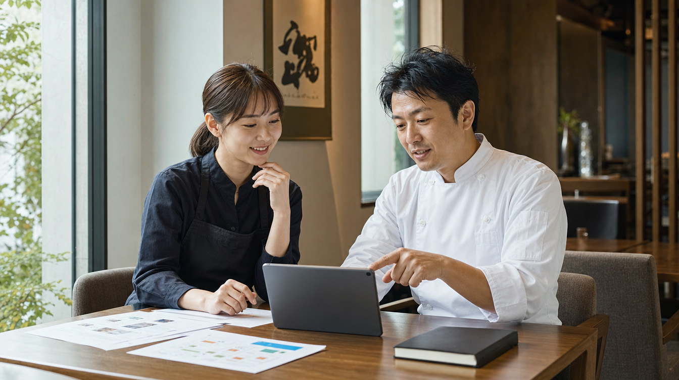 飲食店の小紅書の活用方法を打ち合わせるスタッフ