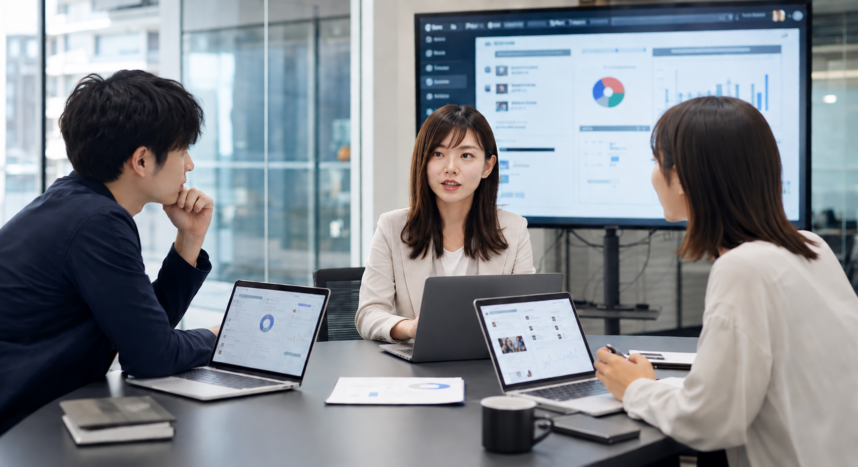 企業の小紅書運用リスクについて会議で話し合うマーケティングチーム